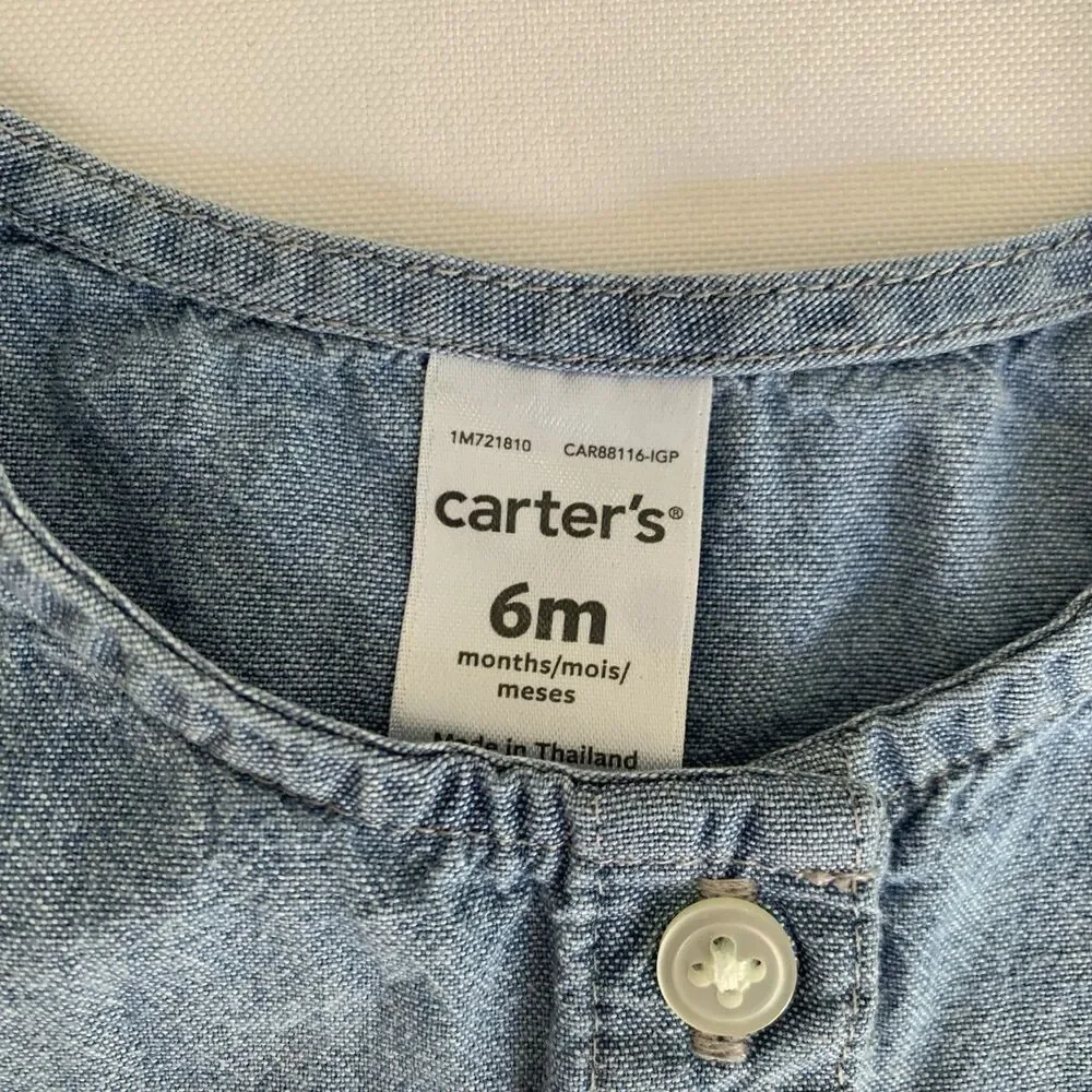 Carters Button Up Shirt Baby Girl‎ 6 Months Blue Chambray Denim Tie Front Boho